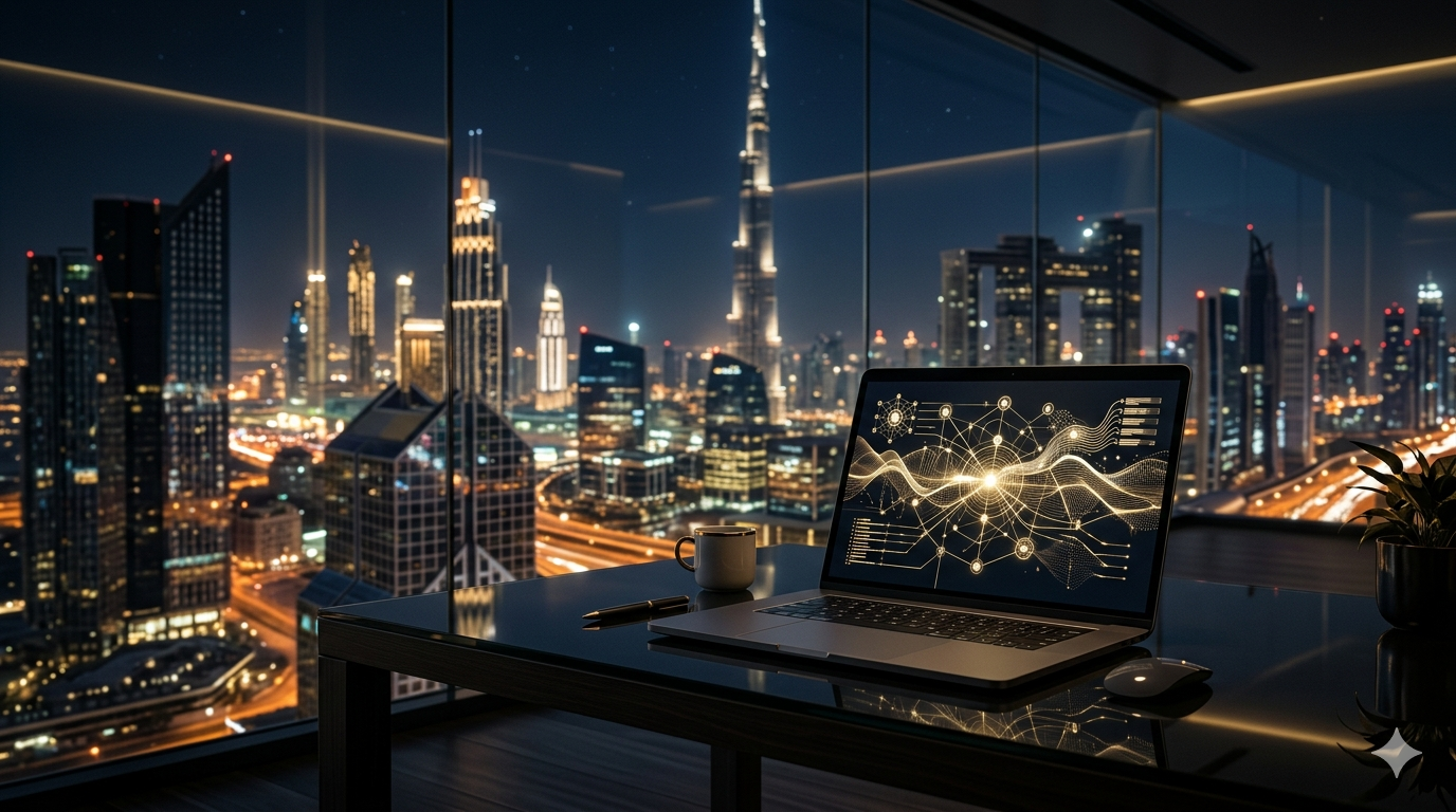 AI automation workflow visualisation against the Dubai skyline at night